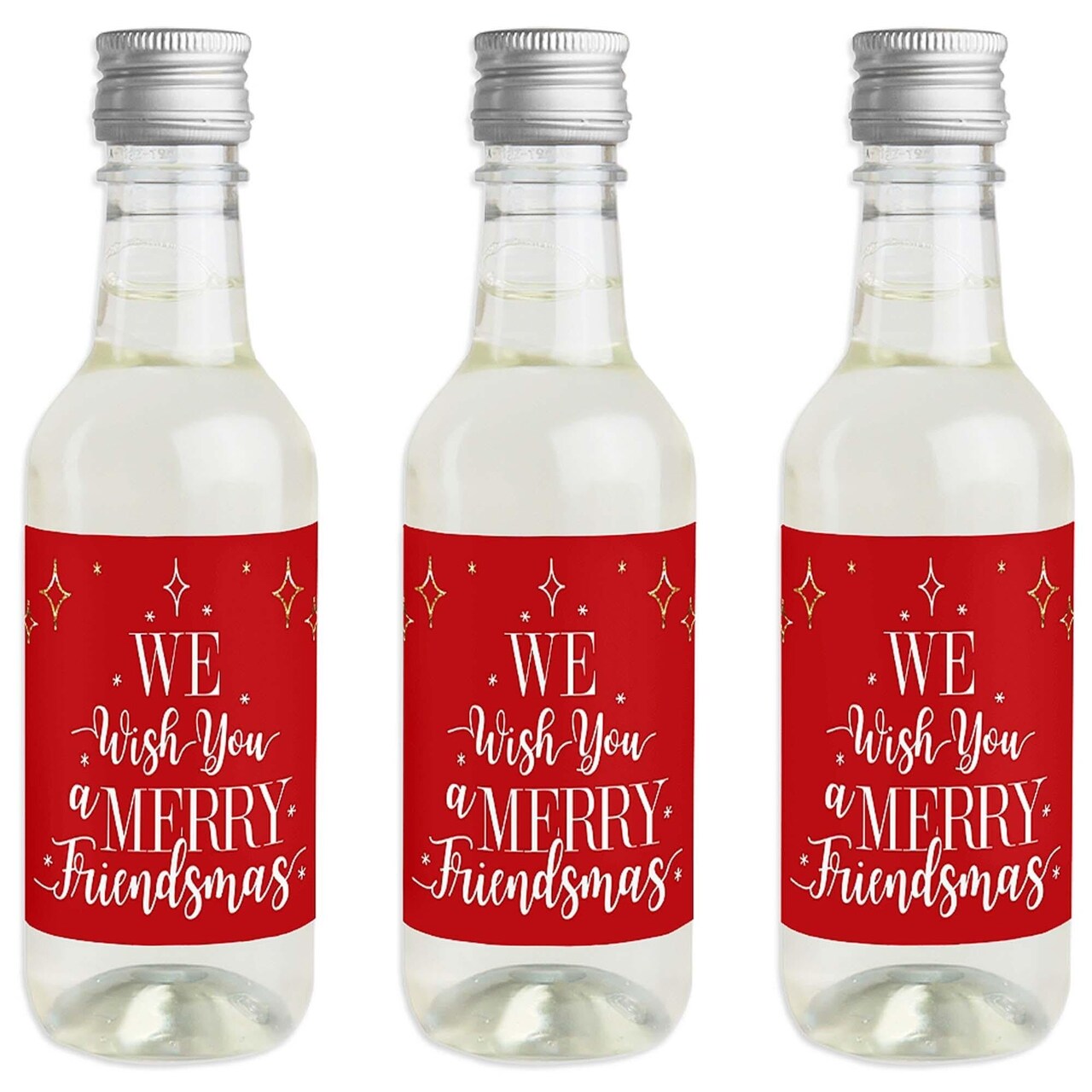 Big Dot of Happiness Red and Gold Friendsmas - Mini Wine and Champagne Bottle Label Stickers - Friends Christmas Party Favor Gift - Set of 16